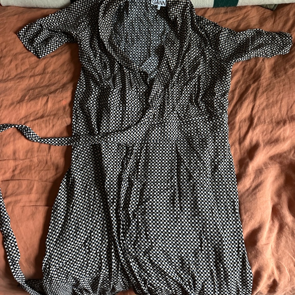 Ganni Navy and Beige Checkered Wrap Dress